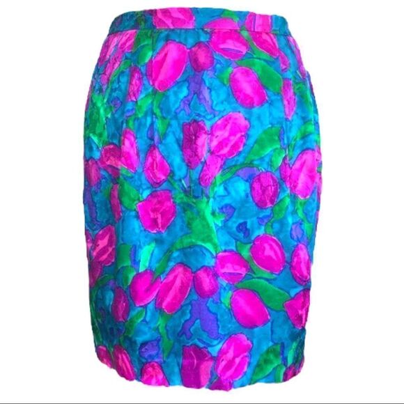 Vintage Dresses & Skirts - Vintage 90s Skirt Blue Silk Flower Detail Tulip Printed Multicolored Knee Length